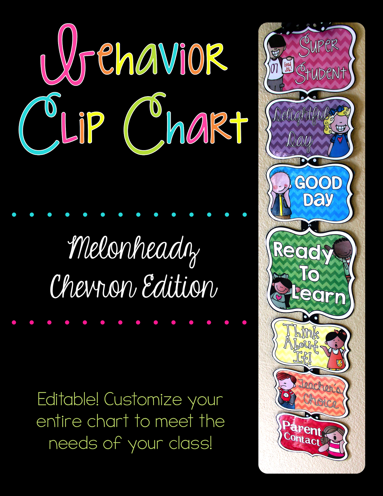 http://www.teacherspayteachers.com/Product/Editable-Behavior-Chart-Melonheadz-Chevron-Edition-1336807